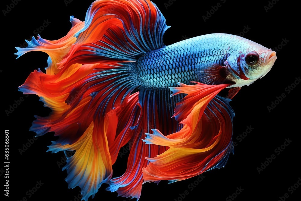  fish with beautiful tail isolated on black. ai generated