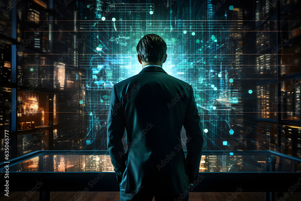 businessman standing facing an abstract hologram data display, future technology concept businessman standing facing an abstract hologram data display, future technology concept