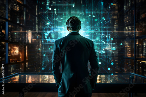 businessman standing facing an abstract hologram data display  future technology concept