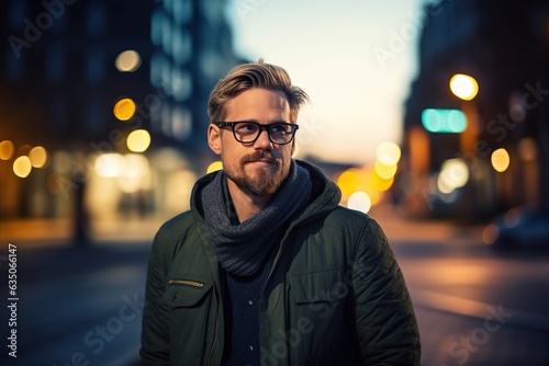 Confident middle-aged man in glasses on city streets