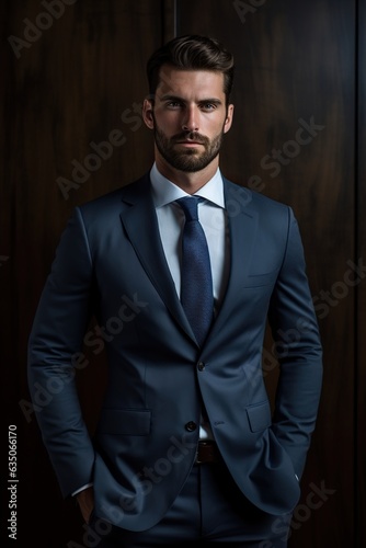 Handsome man in a stylish suit against wooden backdrop