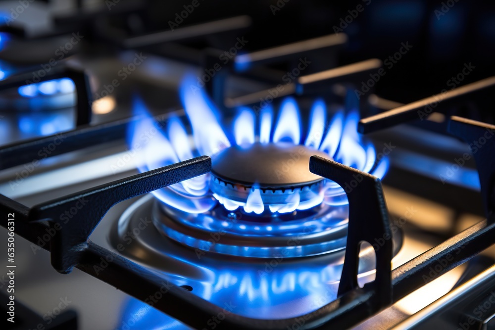 Blue flames of gas burning from a kitchen gas stove Blue flames of gas burning from a kitchen gas stove