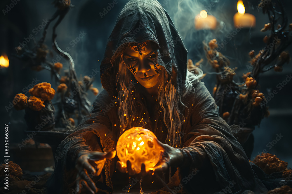 Halloween Witch girl makes witchcraft used magic ball, spells. Wide Halloween party art design Halloween Witch girl makes witchcraft used magic ball, spells. Wide Halloween party art design