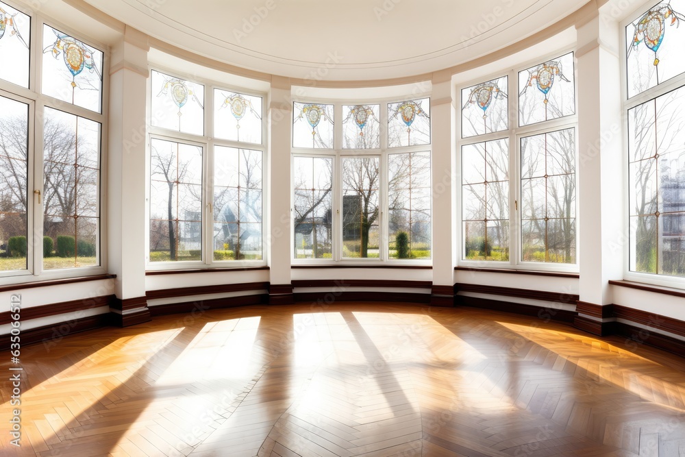 Obraz premium Bright and elegant room with stained glass windows overlooking the green park.