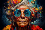 colorful serious mature woman portrait with sunglasses made with AI and watercolor. Brain and memories of elderly. Old age, dementia and alzheimer