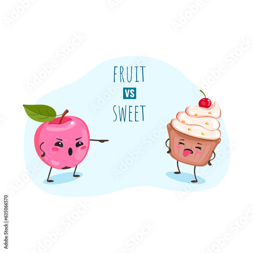 Image of an apple and a cupcake, concept of benefits of fruit and harms of sweets, fructose vs. sugar