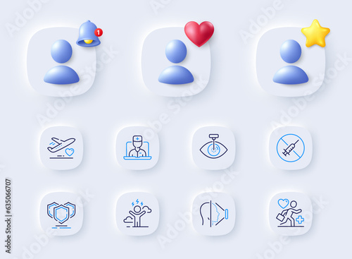 No vaccine, Face id and Shields line icons. Placeholder with 3d bell, star, heart. Pack of Telemedicine, Difficult stress, Eye laser icon. Medical flight, Patient pictogram. Vector