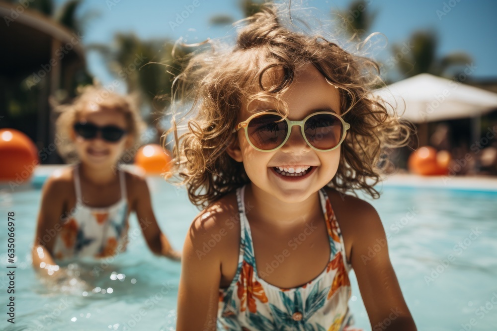 Smiling little girls during summer on vacation playing with inflatables in pool. Portrait of little girls with sunglasses and fancy swimsuits.