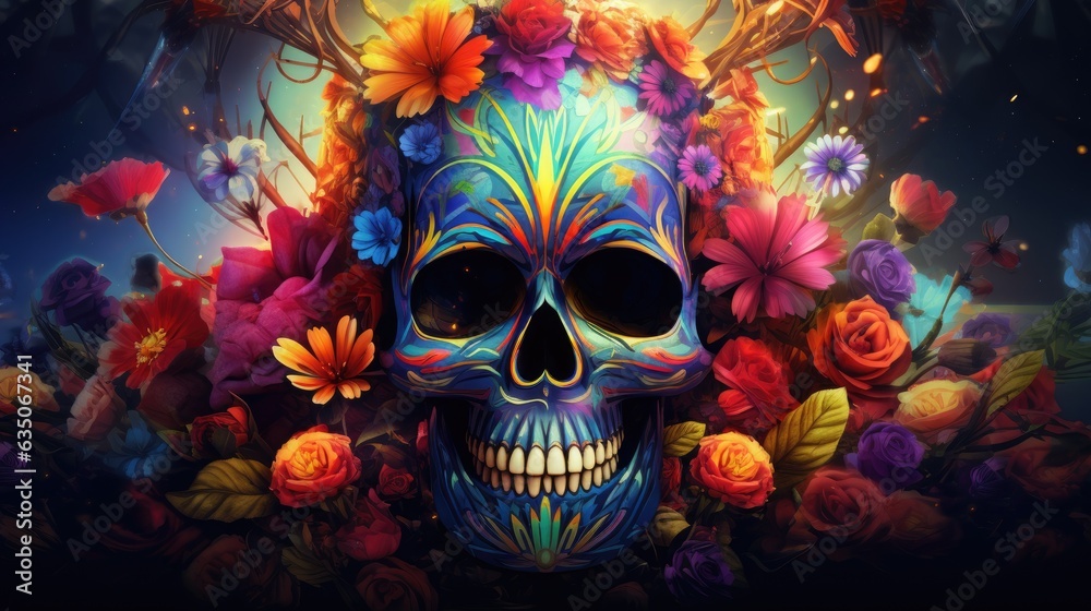 cute halloween skull decorated bright colourful flowers