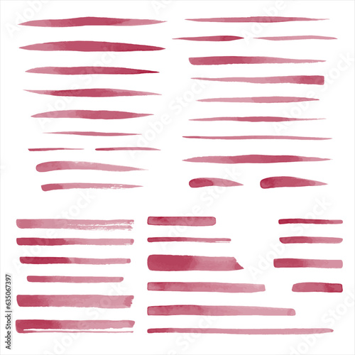 Wine, dark pink color watercolor vector brush strokes set. Uneven lines, stripes, underlines, doodle streaks, rectangle smears. Hand drawn watercolour design elements, text backgrounds, brushstrokes.