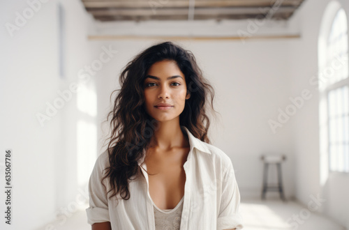 Multicultural woman dressed in white alone in an empty white room. Generative AI.