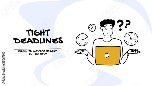 Vector of an unhappy with tight deadlines man sitting in office at a desk