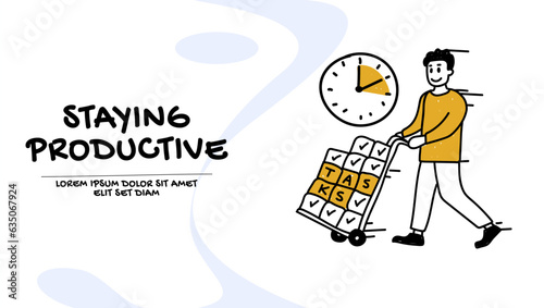 Productive workflow and task management concept. Vector of a man staying productive.
