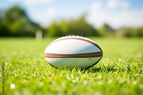  Timeless leather rugby ball poised on vibrant green turf, highlighting the white boundary markings and anticipation of the game