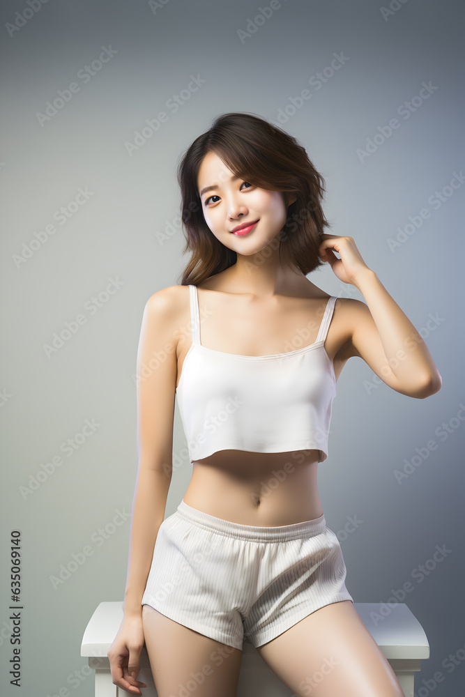Beautiful and cute young Asian model with smiling face and bright clean skin on isolated background,  beauty asian, Generative AI