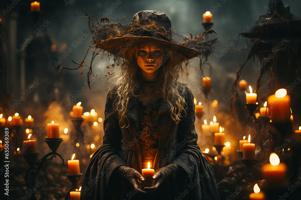 beautiful witch makes ritual while sitting surrounded candel in a dark castle. Fairytale.Halloween