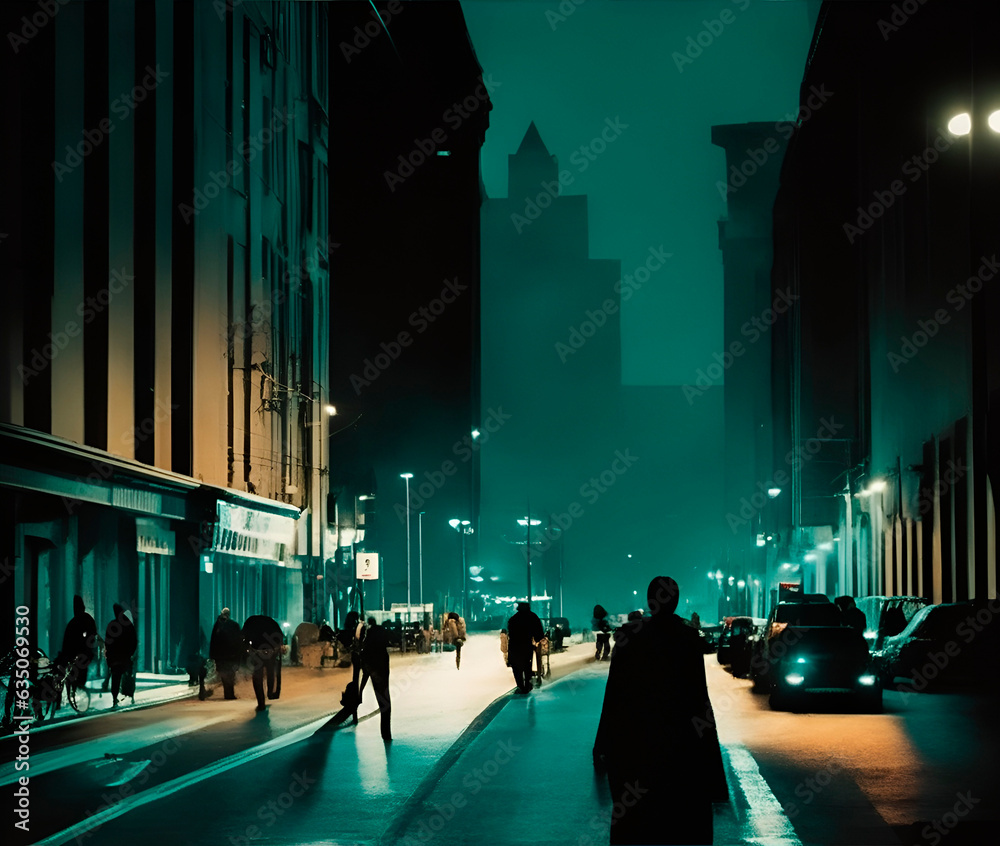night city street, , risography style - faded colors with graininess, large and exaggerated figures