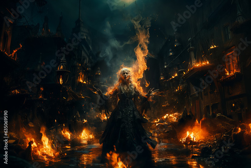 witch in gothic dress makes casting fire spell in old castle. Halloween concept