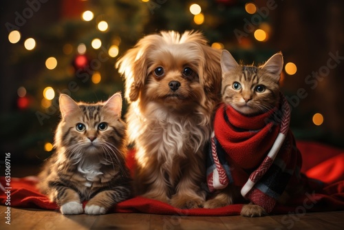 dog and cat dressed in Santa outfits gathered around a beautifully Christmas tree