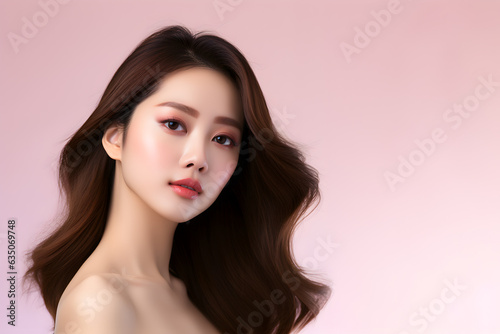 Beautiful and cute young Asian model with bright clean skin on isolated background. Face care, Facial treatment, Cosmetology, beauty and spa, luxury product advertisement, Generative AI