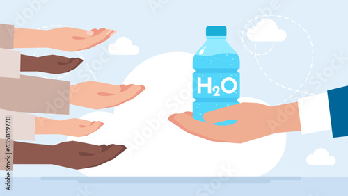 Residents of African and other countries are asking for clean drinking water. The empty hands of beggars are stretched out. Drought, thirst. Lack of water. Vector illustration