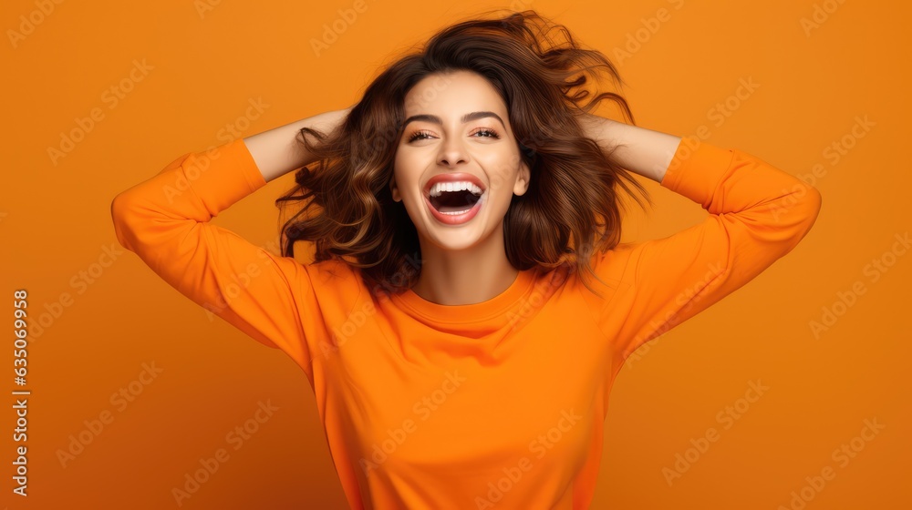 cheerful and funny happy woman in vivid shine orange background, Generative AI