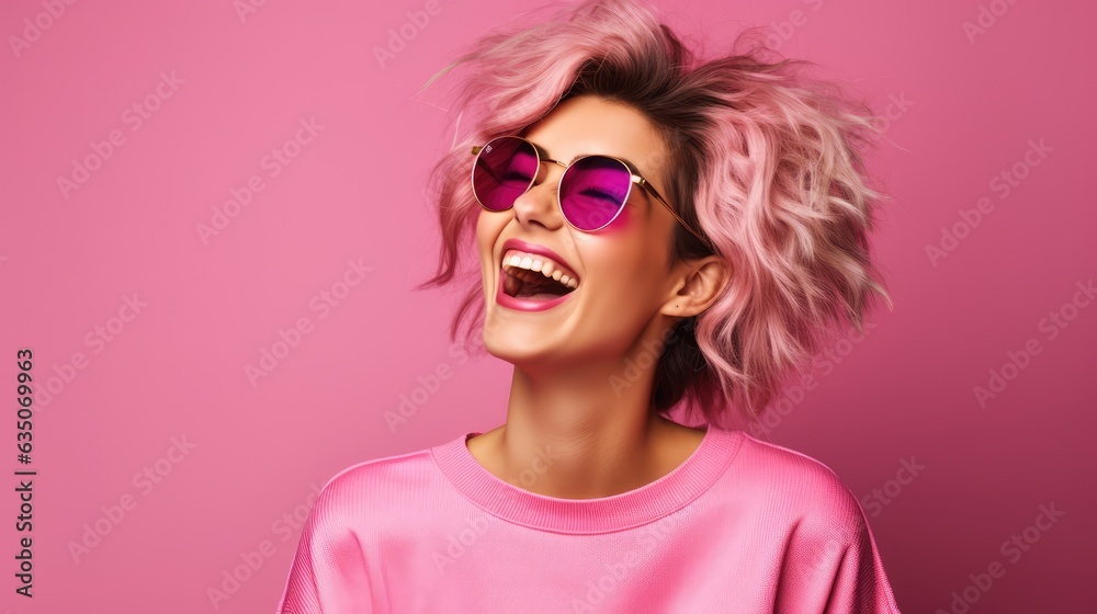 cheerful and funny happy woman in vivid shine pink background, Generative AI