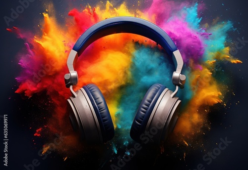 Multicolored paint-splattered headphones on dark background