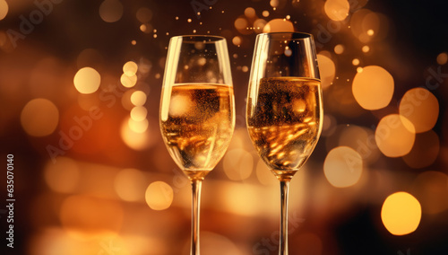 Effervescent elegance. Raise your toast with champagne glasses in glowing bokeh background for a sparkling celebration of joy and glamour