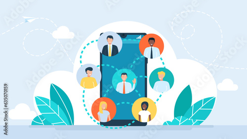 Social Networks. Internet communication. The Social media network. Contacts of people connected by nodes. Lines, circles, flat icons. Connected symbols communicative concepts. Vector illustration