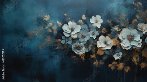  blue painted flowers on dark moody background