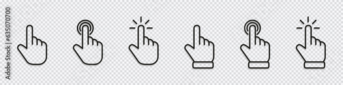 Hand cursor icon. Click hand mouse pointer. Finger tap vector sign. Click button symbol.