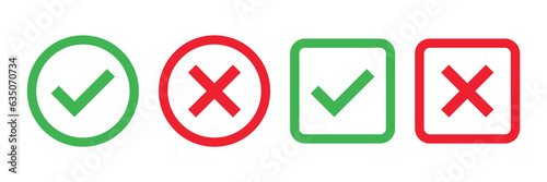 Checkmark x mark icon. Green checkmark and red x sign. Correct error vector symbol isolated on white background. Vote checkmark in circle and square box.