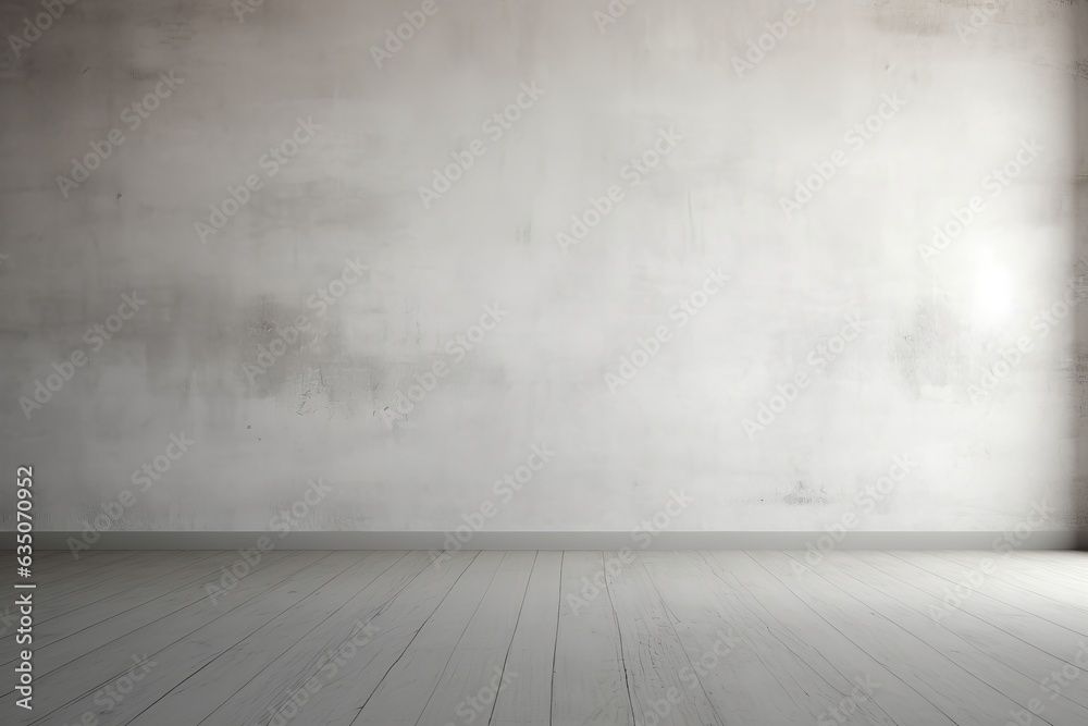 The interior of the room showcases a minimalist loft style, featuring concrete walls and an open layout.