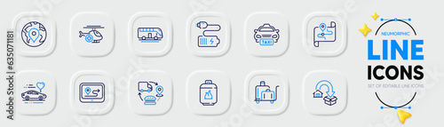 Taxi, Luggage trolley and Pin line icons for web app. Pack of Battery, Medical helicopter, Supply chain pictogram icons. Map, Moving service, Bus tour signs. Gps, Gas cylinder. Vector