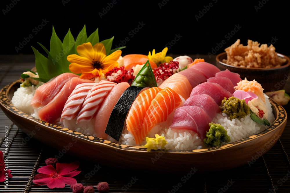 GENERATIVE AI: Irresistible Sushi Platter with Fresh Fish and Artistic Presentation GENERATIVE AI: Irresistible Sushi Platter with Fresh Fish and Artistic Presentation