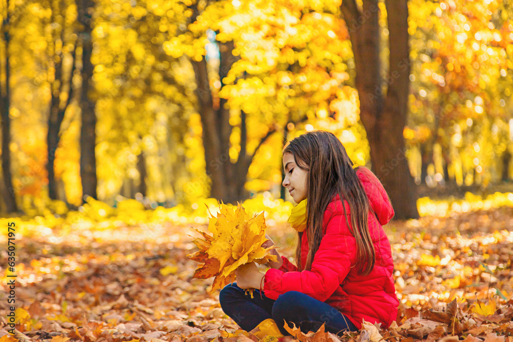 Autumn child in the park with yellow leaves. Selective focus. Autumn child in the park with yellow leaves. Selective focus.