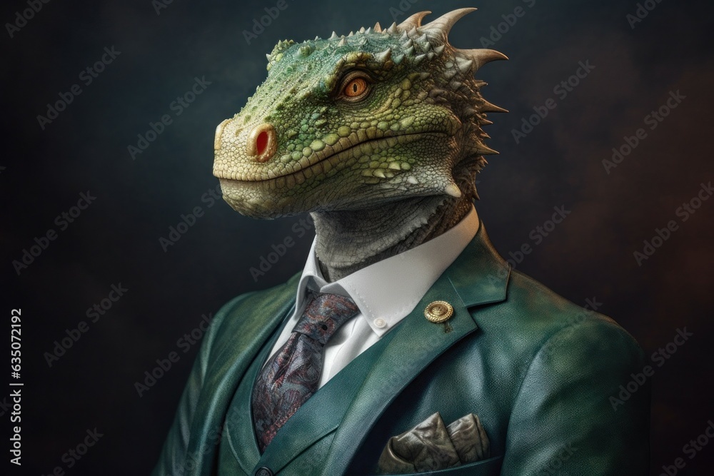 Anthropomorphic dragon dressed in a suit like a businessman. Business Concept. AI generated, human enhanced. Anthropomorphic dragon dressed in a suit like a businessman. Business Concept. AI generated, human enhanced.
