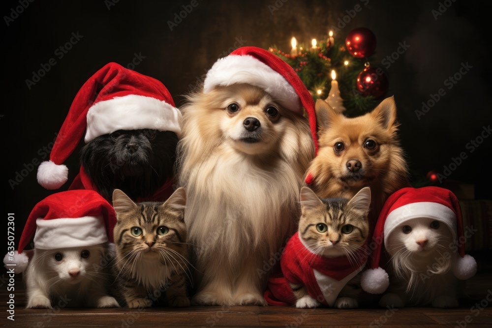 dog and cat dressed in Santa outfits gathered around a beautifully Christmas tree dog and cat dressed in Santa outfits gathered around a beautifully Christmas tree