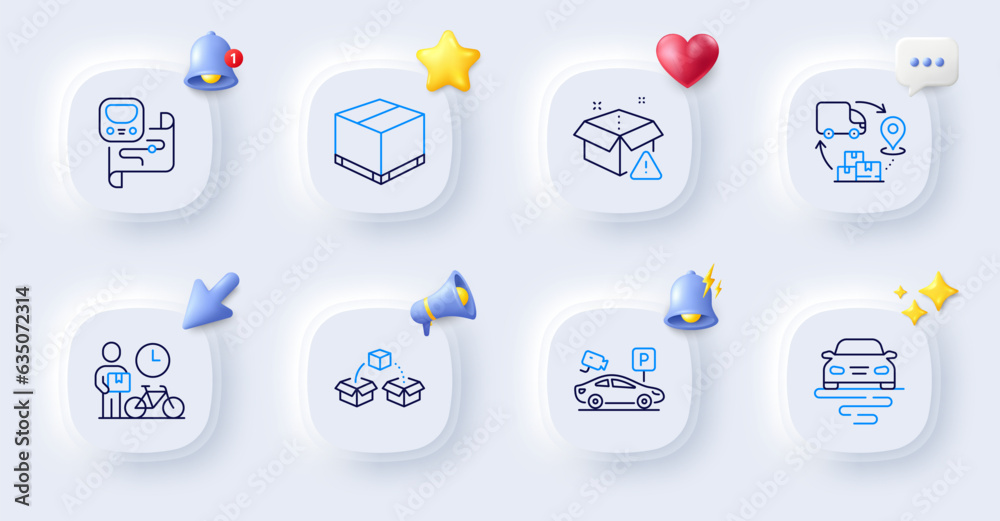 Supply chain, Delivery box and Bike courier line icons. Buttons with 3d bell, chat speech, cursor. Pack of Parcel shipping, Delivery warning, Route icon. Parking security, Metro map pictogram. Vector Supply chain, Delivery box and Bike courier line icons. Buttons with 3d bell, chat speech, cursor. Pack of Parcel shipping, Delivery warning, Route icon. Parking security, Metro map pictogram. Vector