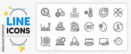 Calendar, Timer and Efficacy line icons set for app include Water splash, Fake internet, Circle area outline thin icon. Squad, Freezing water, Low thermometer pictogram icon. Vector