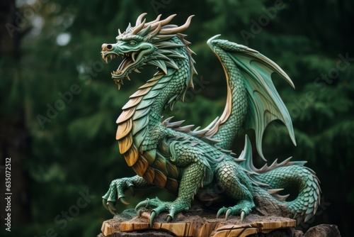 Green wooden dragon as a symbol of the 2024 year. Fantasy style.