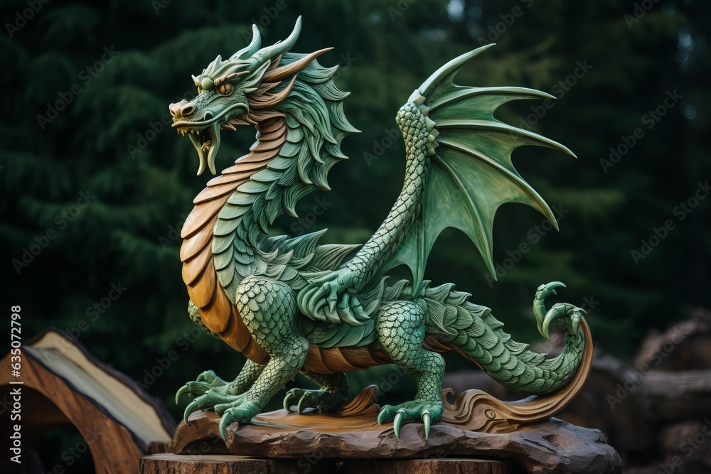 Obraz premium Green wooden dragon as a symbol of the 2024 year. Fantasy style.
