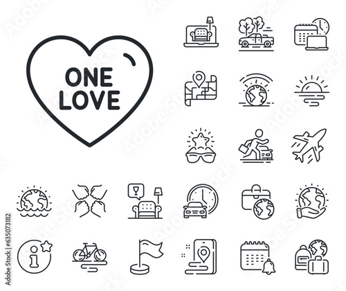 Sweet heart sign. Plane jet, travel map and baggage claim outline icons. One love line icon. Valentine day symbol. One love line sign. Car rental, taxi transport icon. Place location. Vector