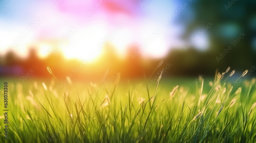 green grass with defocused blur sunny background with trees