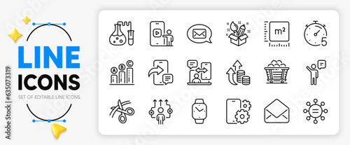 Business way, Square meter and Scissors line icons set for app include Ethics, Graph chart, Phone service outline thin icon. Chemistry lab, Phone timing, Mail pictogram icon. Creativity. Vector