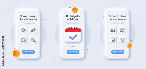 Global business, Dog competition and Click hand line icons pack. 3d phone mockups with calendar. Glass smartphone screen. Report document, Leaf, Feedback web icon. Vector