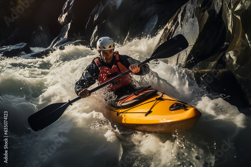 A kayaker showcases expertise by masterfully navigating the rocky obstacles of a demanding and swift stream