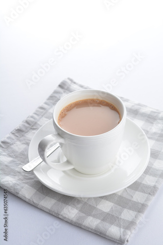 hot cocoa chocolate, milk tea, milk coffee kopi mocha latte cappuccino in white cup on grey cloth white background asian beverage halal food drink menu for hotel bar