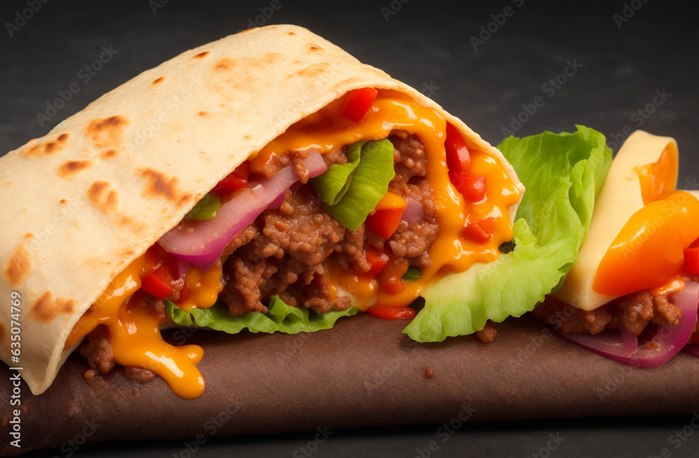 Obraz premium Traditional mexican burrito with beef on dark background